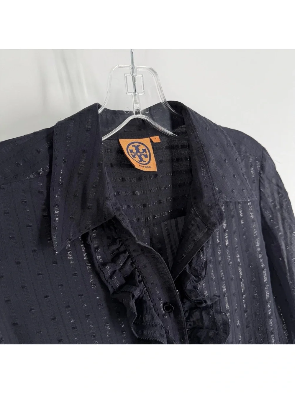 Tory Burch Ruffle Blouse Womens Size 6 Navy Shimmer Sheer Button Up Shirt